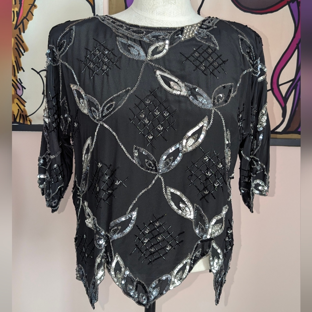 Elegant Black and Silver Embellished Women's Top